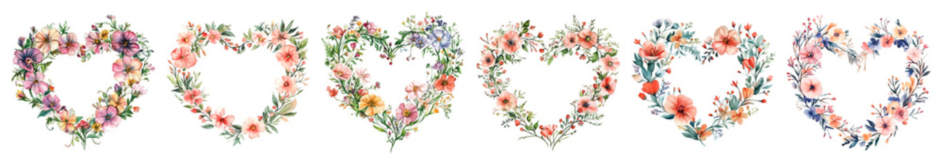 Watercolor floral heart wreaths romantic love design collection