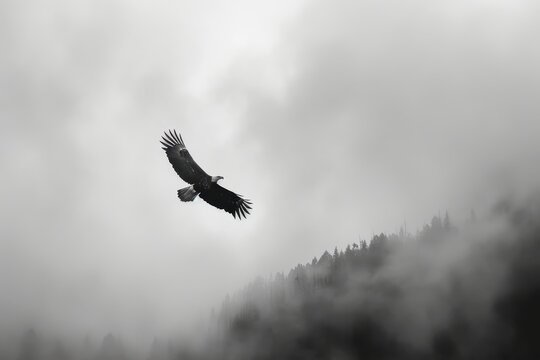 Majestic eagle soaring through misty forest landscape during early morning hours showcasing nature's tranquility and beauty