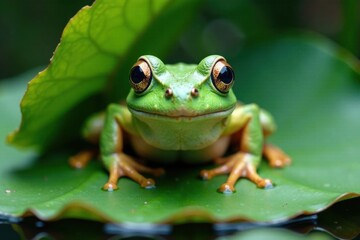 Naklejka premium Frog with large nose peers out from under lily pad, leafy, wildlife, outdoor