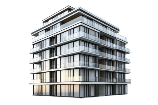 Modern apartment building with sleek design and large windows in an urban setting at sunset isolated on transparent background