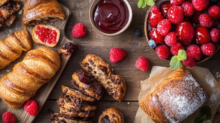 Assorted pastries and fresh raspberries on a wooden table with jam in a bowl