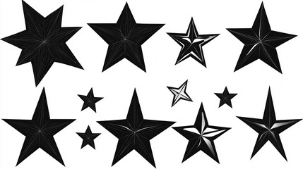 Obraz premium A set of black star patterns featuring a variety of sizes and designs, ideal for themed decorations or artistic projects, isolated against a white background