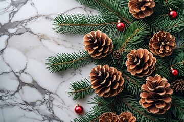 Rustic Holiday Background with Pine Cones on White Marble Surface for Christmas and New Year Decor