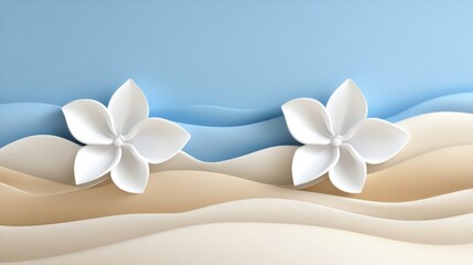 Elegant white flowers on sandy beach coastal decor minimalist design relaxing atmosphere soft color palette
