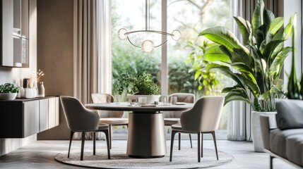 Obraz premium Modern Dining Room: Sunlit Interior with Elegant Table and Greenery
