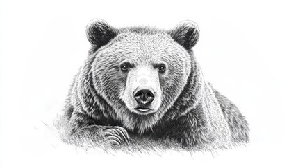 Realistic black and white portrait of a grizzly bear lying on grass