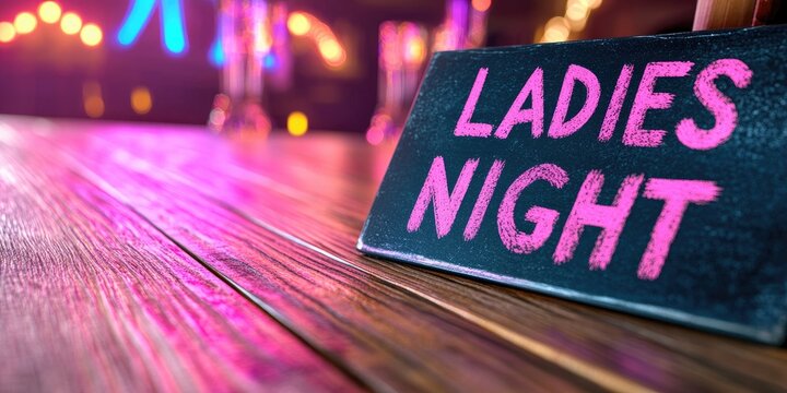 Bar table with chalkboard sign "LADIES NIGHT", neon accents in background