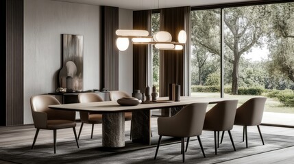 Obraz premium Modern Dining Room: Wooden Table, Beige Chairs, & Nature View