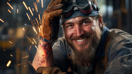 Obraz premium Smiling Welder at Work with Sparks Flying – Industrial Metalworking Scene