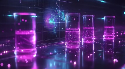 Surreal futuristic science lab with glowing glassware, neon purple and blue lighting, holographic projections, and advanced laboratory equipment in a high-tech fantasy setting.