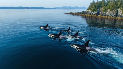 Aerial view of a group of orcas swimming in the blue sea, drone shot of a killer whale pod.