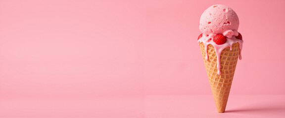 Delicious pink ice cream cone topped with raspberries oozing with melted cream against a vibrant pink background