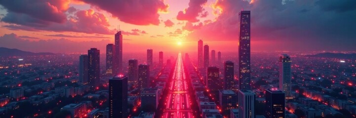 Futuristic glowing cityscape at dawn, glow, urban, city