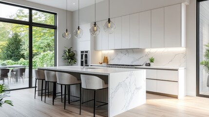 Modern Kitchen Design: White Cabinets, Marble Island, and Glass Pendant Lights