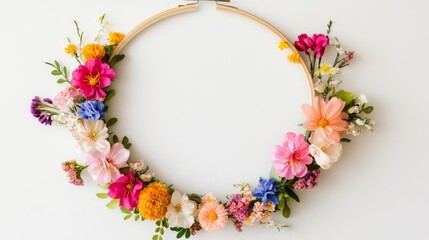 Spring wreath with fresh, colorful blooms. Wooden hoop with flowers and thread adorns a white wall. Unique, handmade floral decoration.