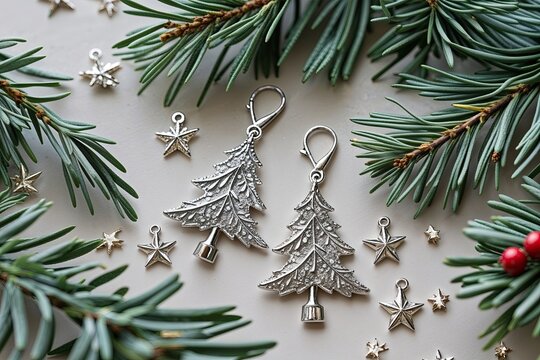 Platinum Holiday Tree Charms with Larch Leaves and Sparkling Stars for a Cheerful Seasonal Greeting Card