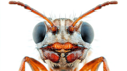 Macro close up of an ant isolated on a white background.