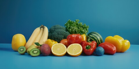 The image showcases a vibrant assortment of fruits and vegetables that are healthy and nutritious, with an emphasis on variety and color.