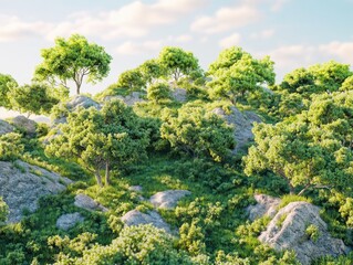 Fototapeta premium Rocky landscape with lush vegetation in sunlight.