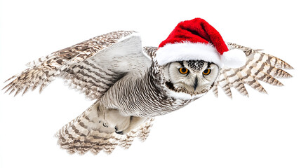 Obraz premium Majestic snowy owl in flight wearing a santa hat on white background, ideal for holiday themes.