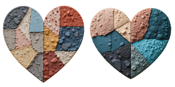 Heart-shaped tiles of colors and textures, stunning geometric pattern of design creativity and visual appeal