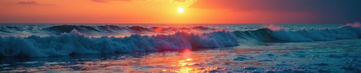 Fototapeta premium Gentle orange light dances across waves as day succumbs to night , natural hues, evening sky
