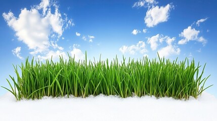 Fototapeta premium Lush green grass growing under blue sky with clouds nature scene outdoors fresh environment wide view