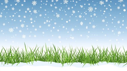 Obraz premium Snowfall on green grass winter wonderland nature scene outdoors wide angle seasonal beauty