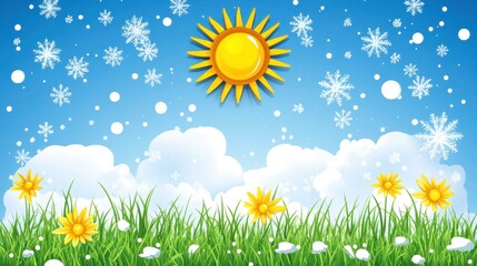 Winter wonderland snowflakes dance amidst sunshine over flower fields vibrant nature scenic viewpoint