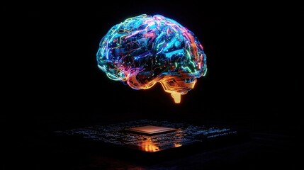 Glowing brain above microchip; dark background; AI concept