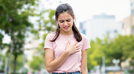 Mulher jovem ao ar livre segurando o peito com express&atilde;o de dor ou desconforto, em um ambiente urbano com &aacute;rvores ao fundo.