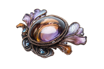 A vintage brooch with a stunning purple gemstone and intricate floral design isolated on transparent background