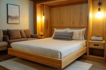 Modern bed with wood frame, neutral colored linens, large headboard, and dark wooden nightstand.
