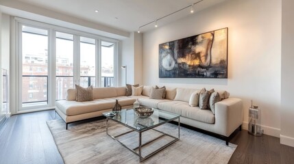 Modern Living Room with Beige Sectional Sofa, Large Abstract Art, and Glass Coffee Table