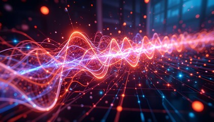 Obraz premium Digital Pulse Energy Flow Through Glowing Grid