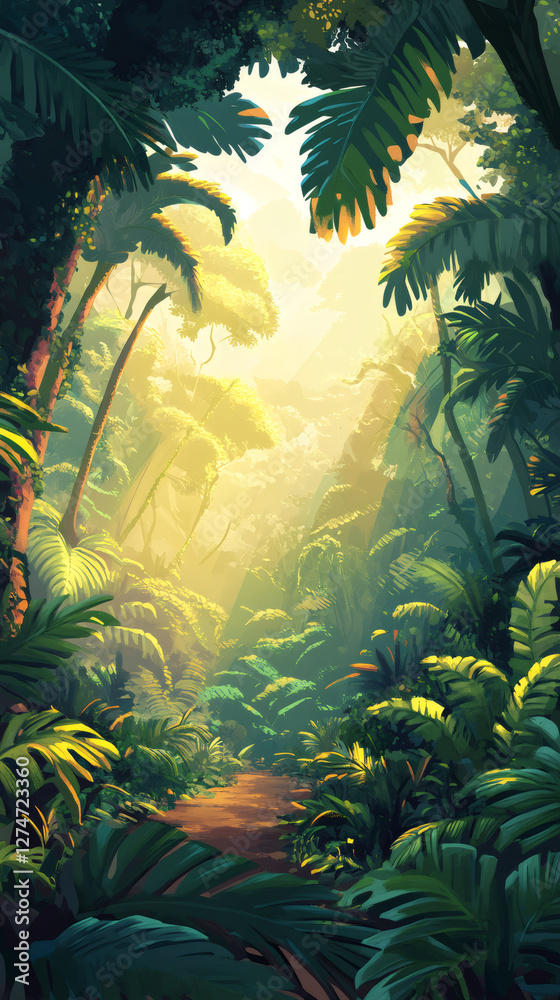 Poster Sunlight illuminating path through dense tropical forest with lush foliage, creating a vibrant and inviting atmosphere
