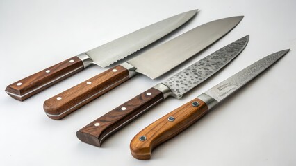 Four Kitchen Knives on White Background