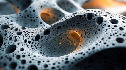 Abstract close-up of porous surface with glowing highlights and unique texture