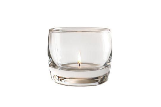 A tranquil candle burns softly in a clear glass holder, casting gentle light in a serene setting isolated on transparent background