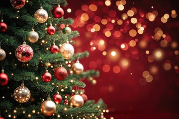 Joyous Christmas Tree Adorned with Luminous Ornaments and Magical Bokeh Light Effects in a Scarlet Holiday Atmosphere