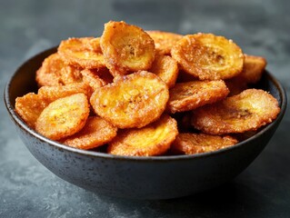 A delicious and nutritious snack or dessert made from sliced bananas that have been fried until they are crispy. Perfect for a light meal or as a healthy alternative to candy or sweets.