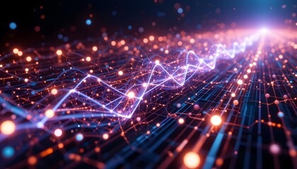 Obraz premium Digital Pulse Energy Flow Through Glowing Grid