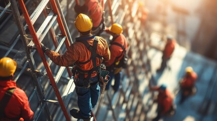Construction workers climbing scaffolding on a sunny day with safety gear on building site