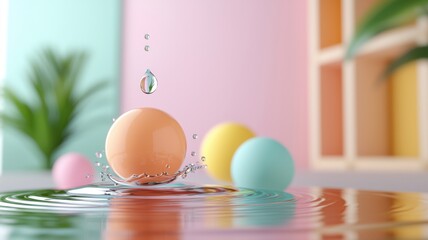 Fototapeta premium Colorful spheres create ripples in water against a pastel background.