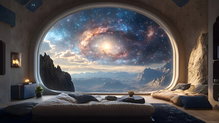 Fototapeta premium Cosmic View from the Window: A futuristic bedroom interior with a panoramic window offering an breathtaking view of a starry sky, a distant nebula, and a dramatic mountain landscape.