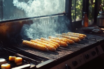 A delicious, healthy outdoor meal featuring corn on the cob fresh off the grill.