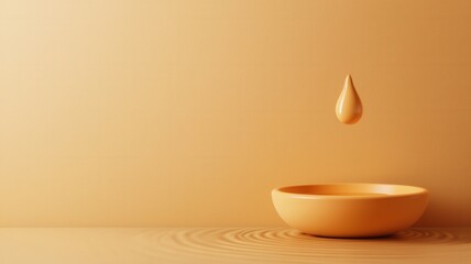 Droplet falling into a smooth, beige bowl, creating ripples on the surface.