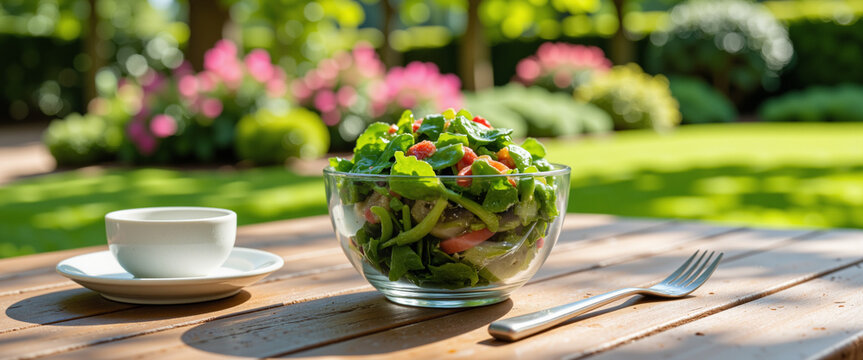 Fresh salad bowl with vibrant greens and colorful toppings exuding a refreshing mood set on a rustic wooden table, complemented by bright outdoor garden background. - Powered by Adobe
