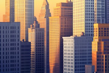 Obraz premium Dense city skyscrapers during golden hour.