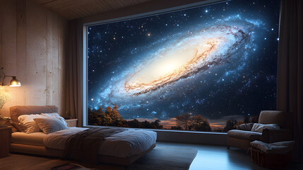 Cosmic Bedroom: A bedroom interior featuring a panoramic window showcasing a stunning galaxy, creating a blend of the domestic and the astronomical. 